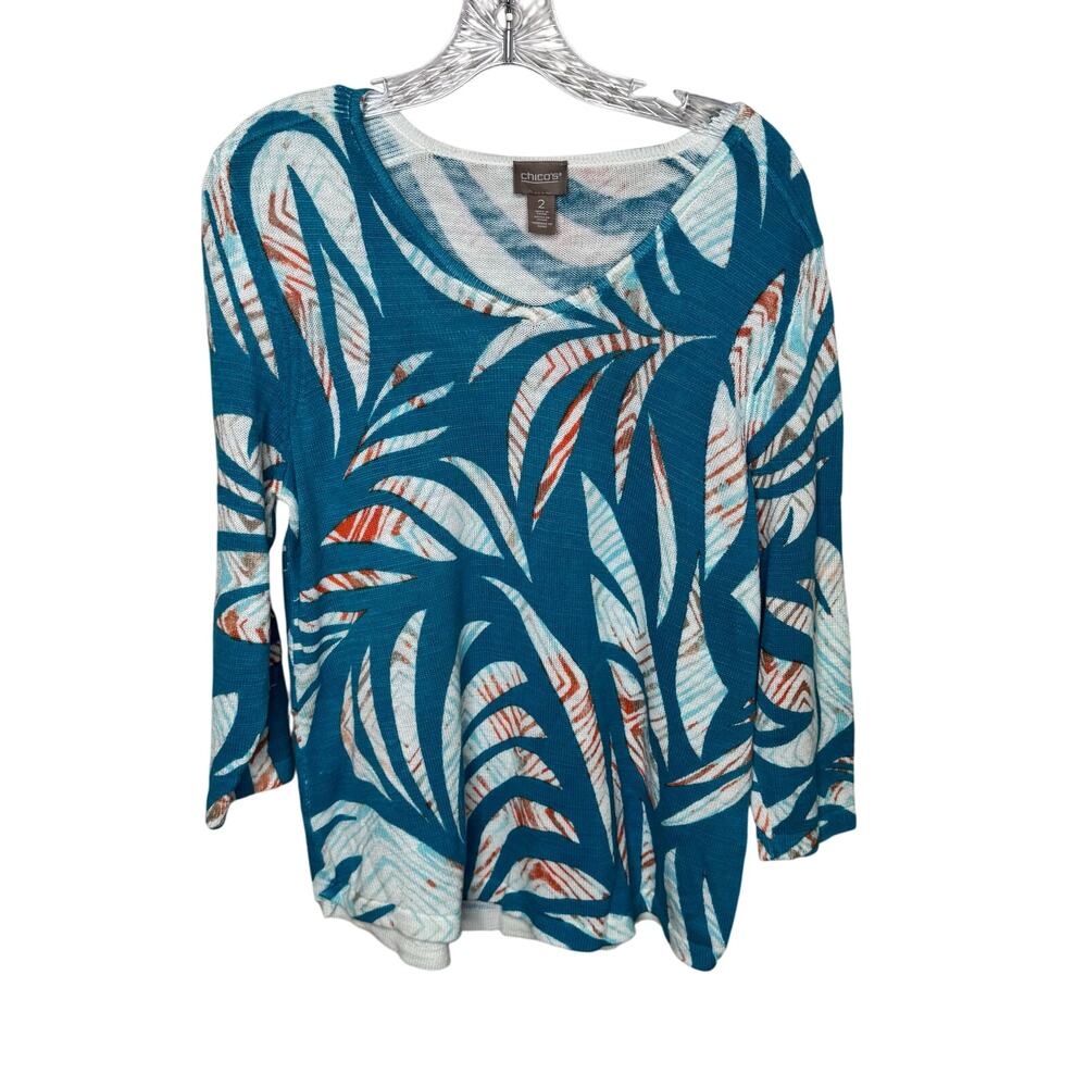 Chico’s 2 Teal Leaf‎ Print Knit Top 3/4 Sleeve Scoop Neck Cotton Rayon Blend